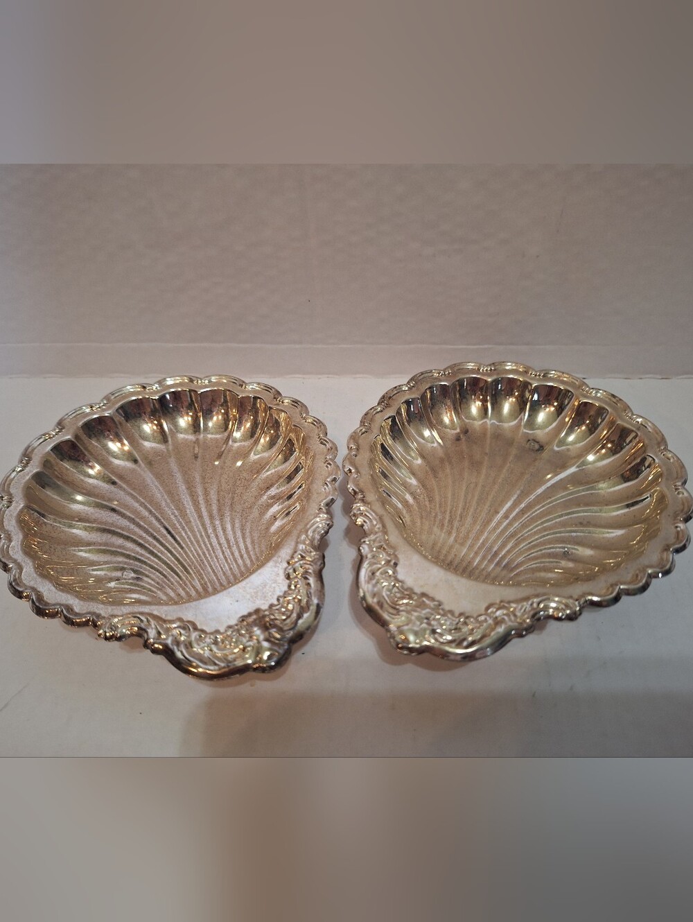 Vintage Leonard Silverplated Footed Scalloped Seashell Dish Bowl Set Patina